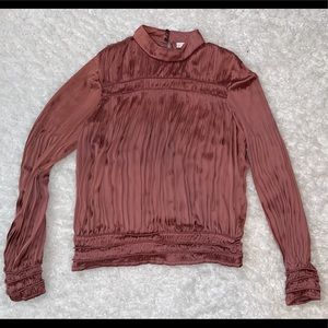 FRAME Ruched Crinkle Mock Neck Long Sleeve Blouse Dusty Rose NWT